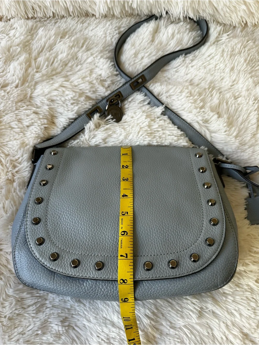 Michael Kors Blue Pebbled Leather Studded Saddle Crossbody Bag Messenger Purse